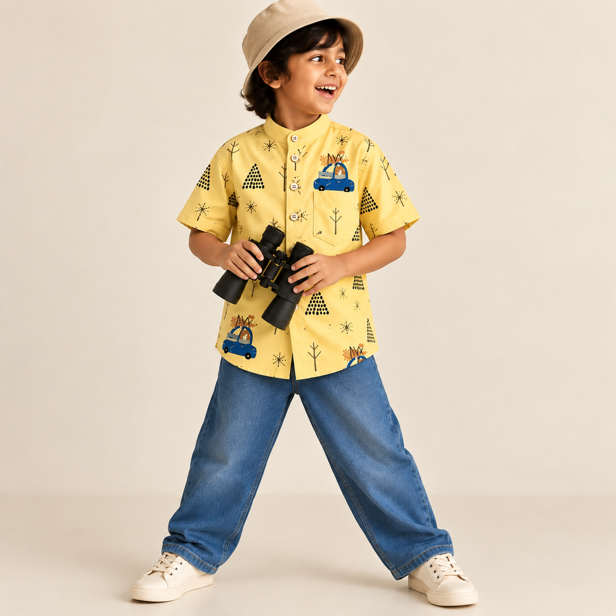 Boys Yellow Printed Chinese Collar Shirt – Car & Tree Print Half Sleeve Shirt