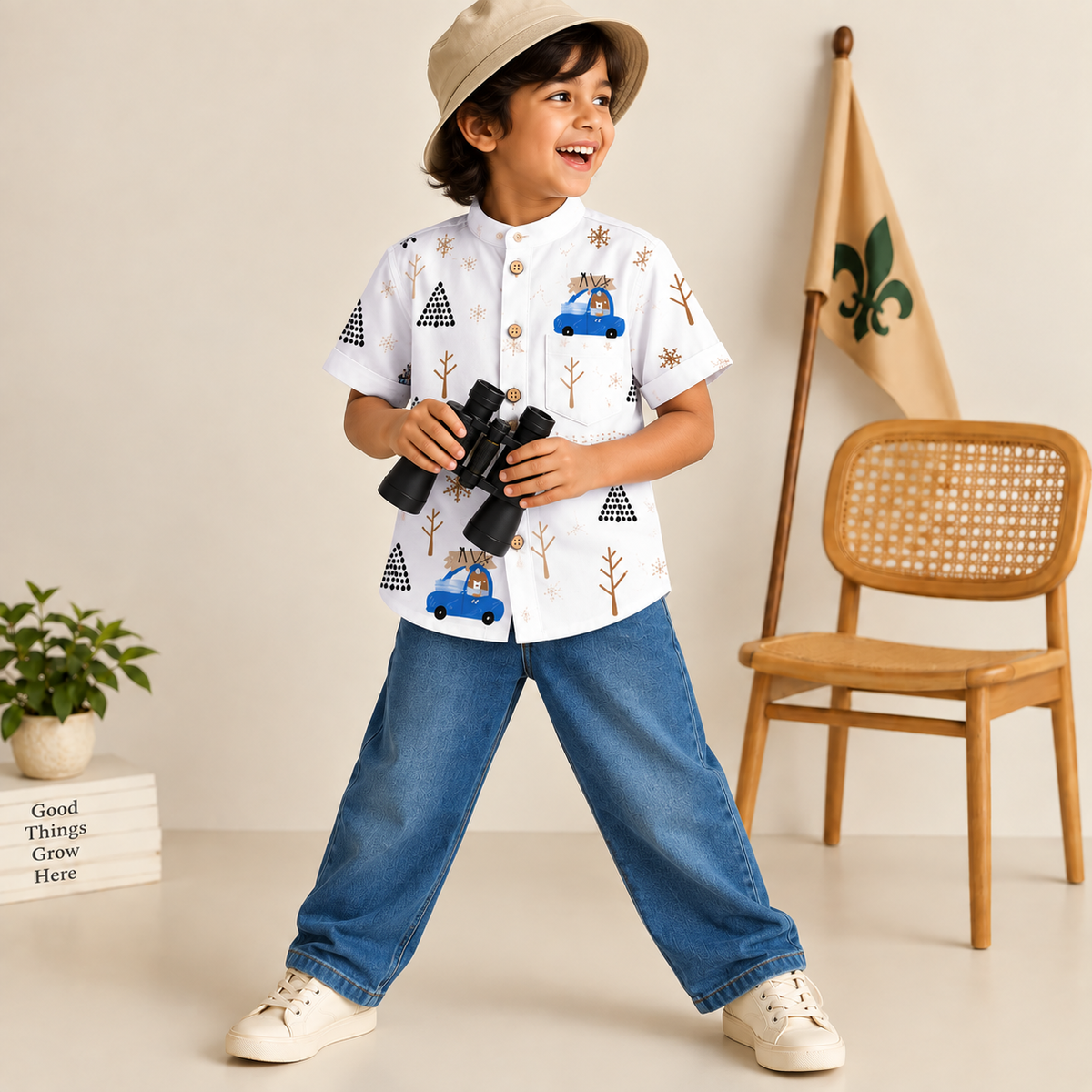 Boys White Printed Chinese Collar Shirt – Car & Tree Print Half Sleeve Shirt