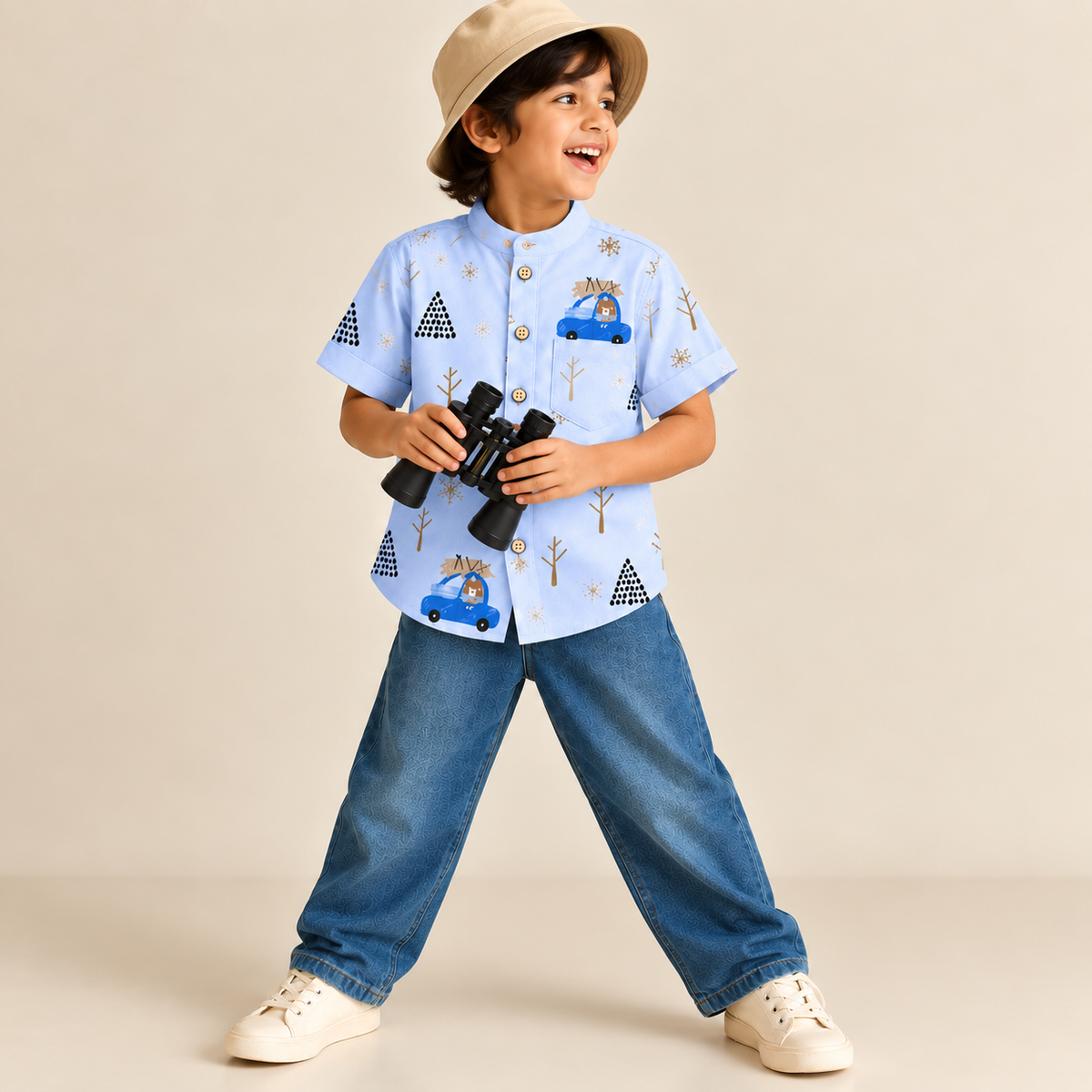 Boys Blue Printed Chinese Collar Shirt – Car & Tree Print Half Sleeve Shirt