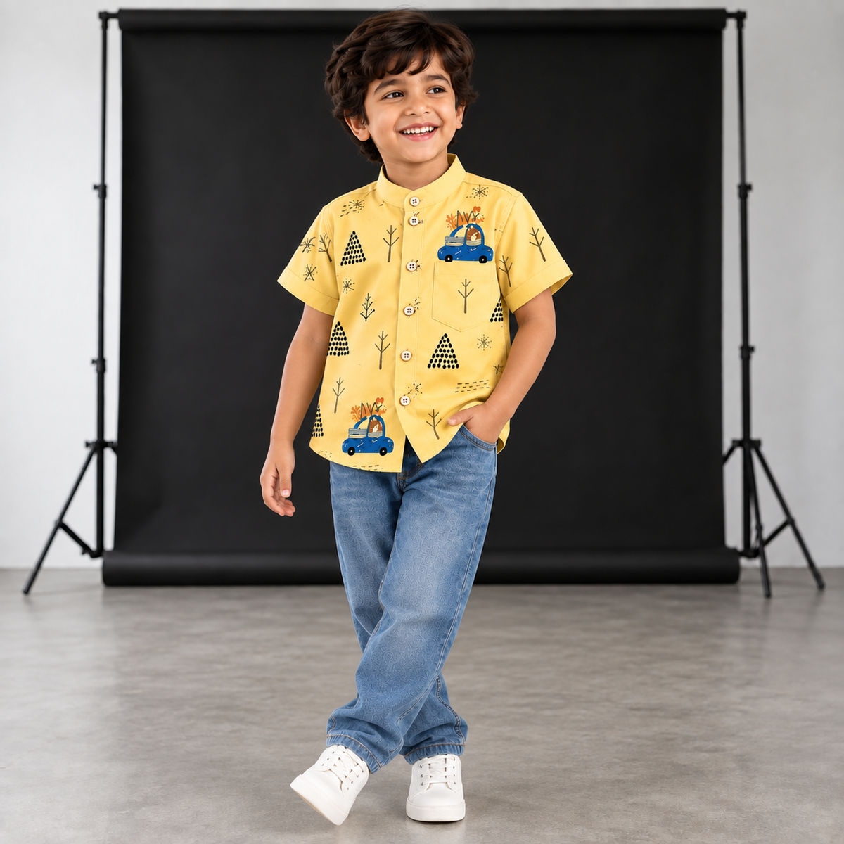 Boys Yellow Printed Chinese Collar Shirt – Car & Tree Print Half Sleeve Shirt