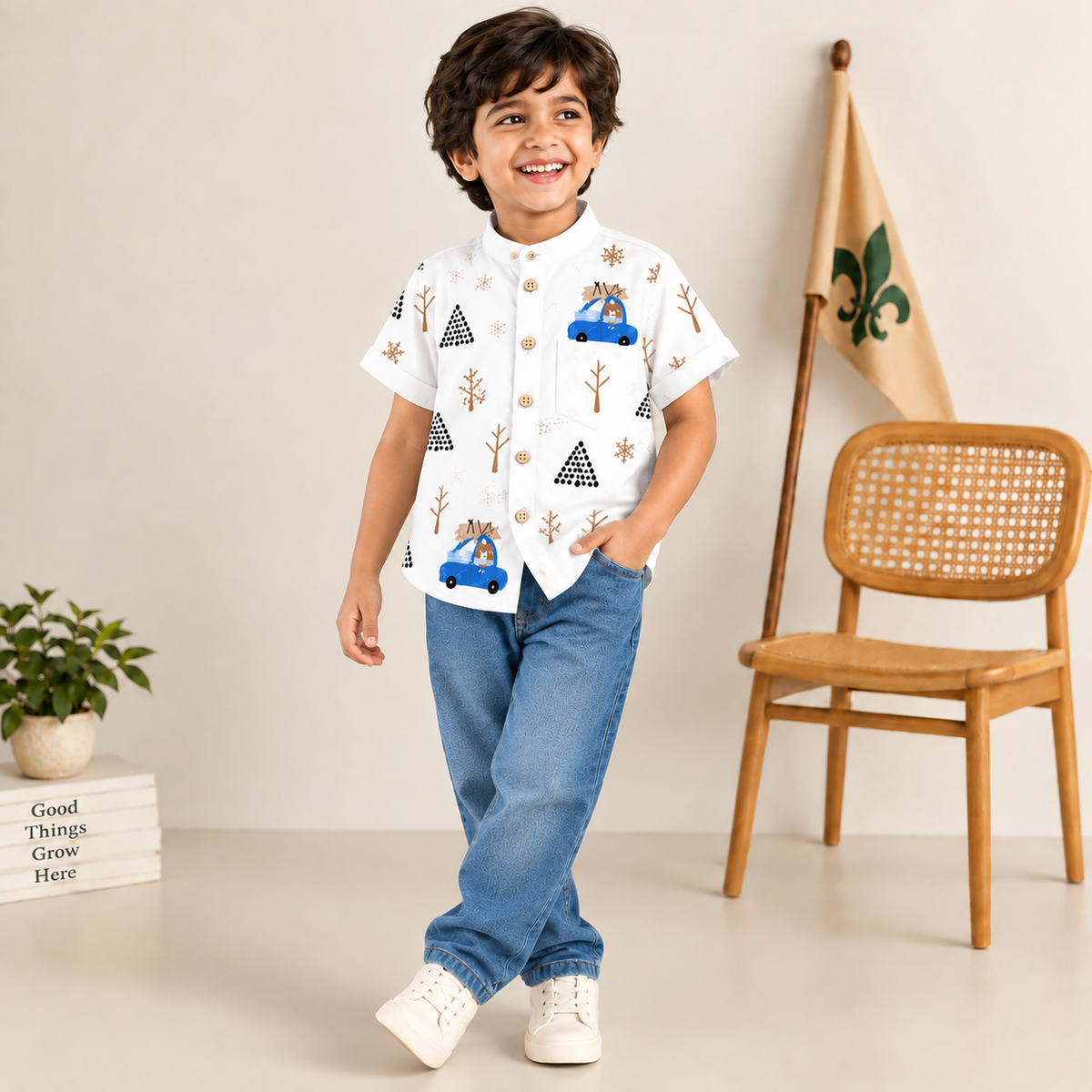 Boys White Printed Chinese Collar Shirt – Car & Tree Print Half Sleeve Shirt
