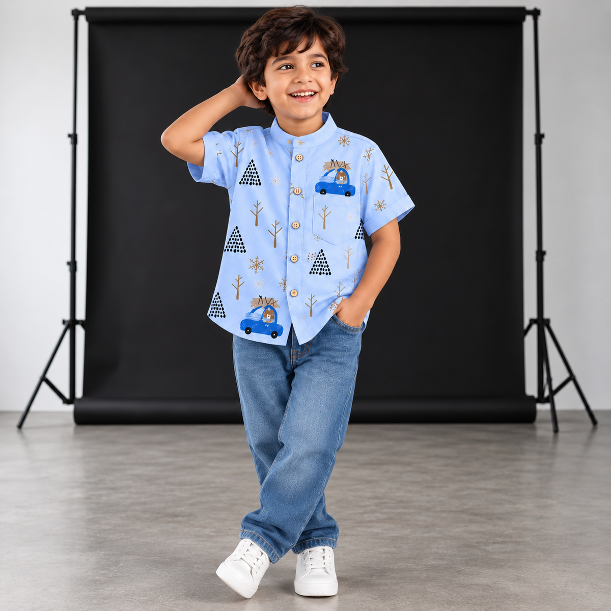 Boys Blue Printed Chinese Collar Shirt – Car & Tree Print Half Sleeve Shirt