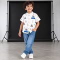Boys White Printed Chinese Collar Shirt – Car & Tree Print Half Sleeve Shirt