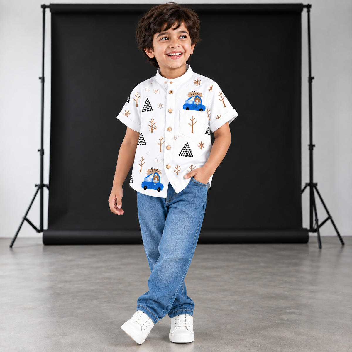 Boys White Printed Chinese Collar Shirt – Car & Tree Print Half Sleeve Shirt