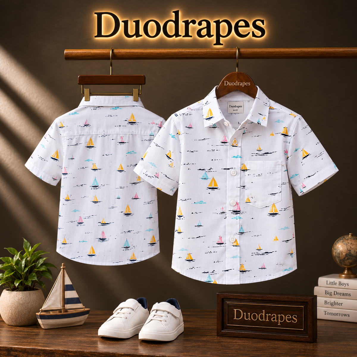 Boys White Sailboat Print Half Sleeve Shirt