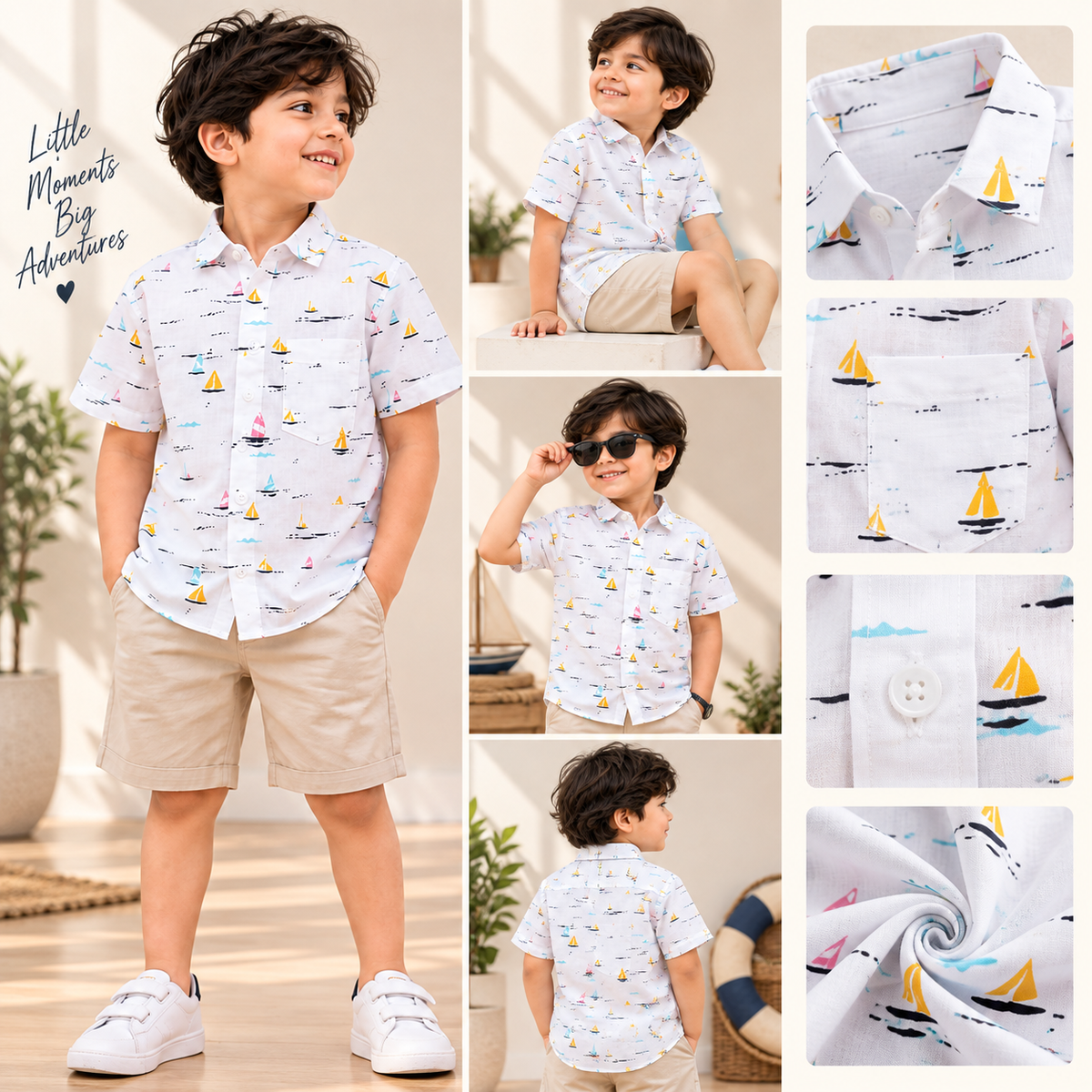 Boys White Sailboat Print Half Sleeve Shirt