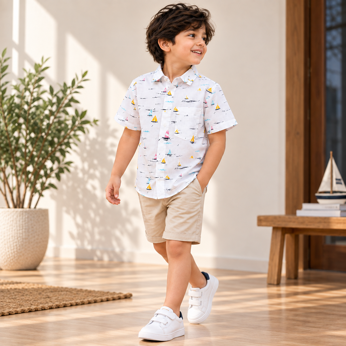 Boys White Sailboat Print Half Sleeve Shirt