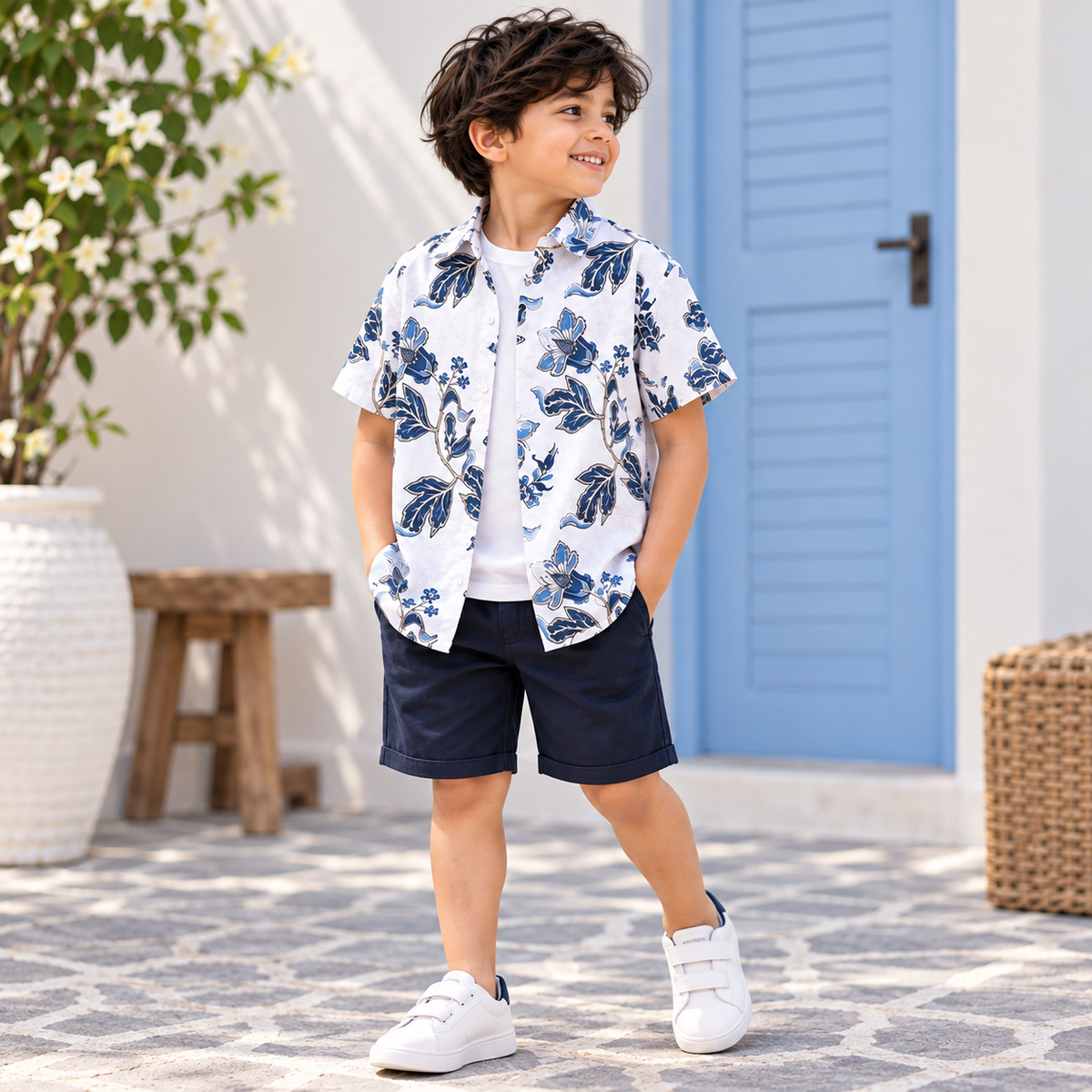 Boys White Blue Floral Print Half Sleeve Shirt