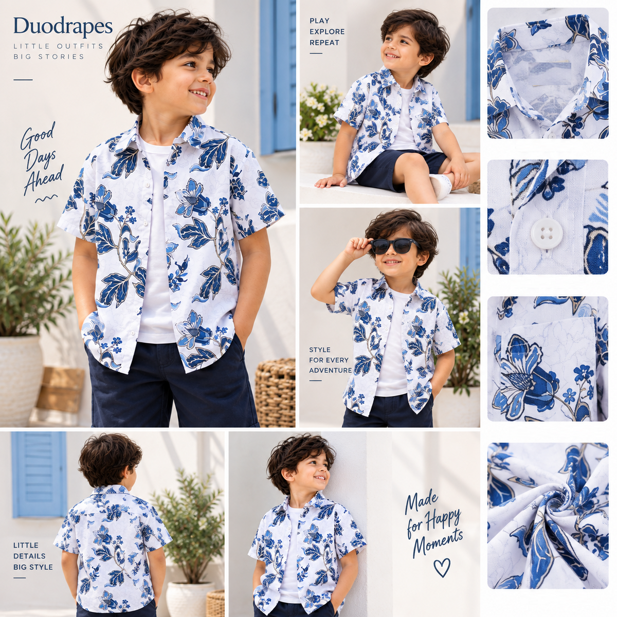 Boys White Blue Floral Print Half Sleeve Shirt