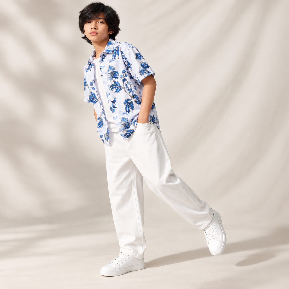 Boys White Blue Floral Print Half Sleeve Shirt