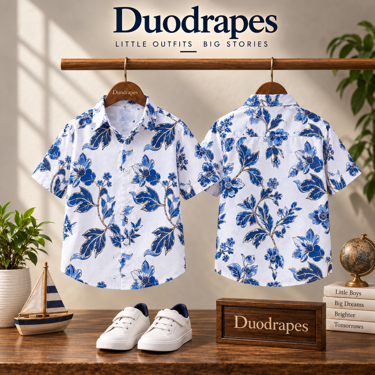 Boys White Blue Floral Print Half Sleeve Shirt