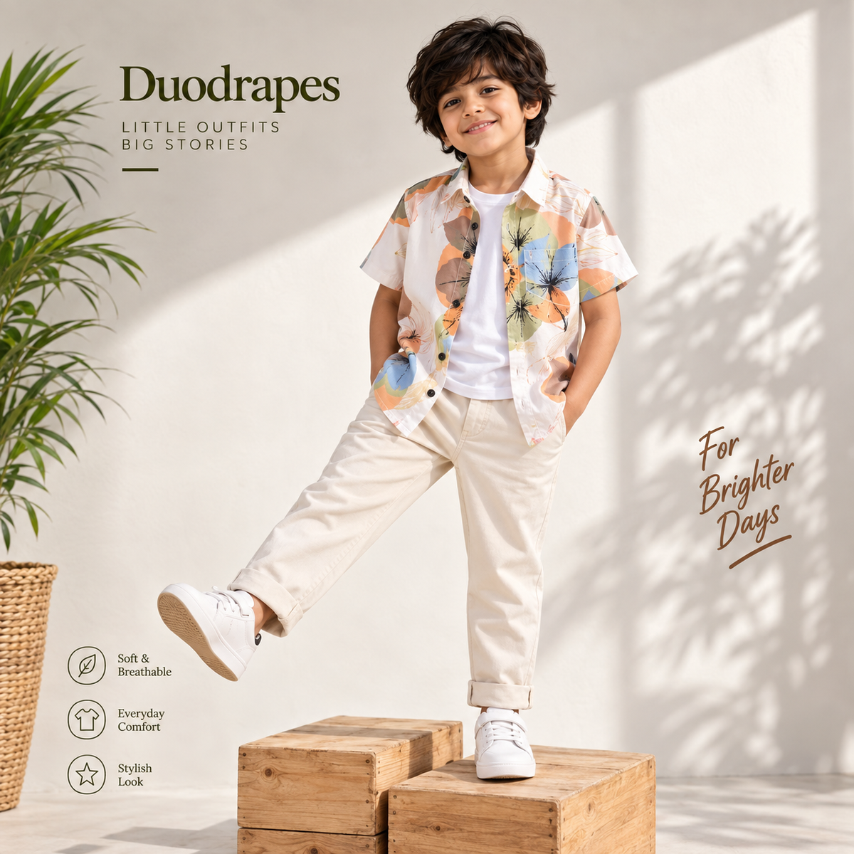 Boys White Multicolor Floral Print Half Sleeve Shirt