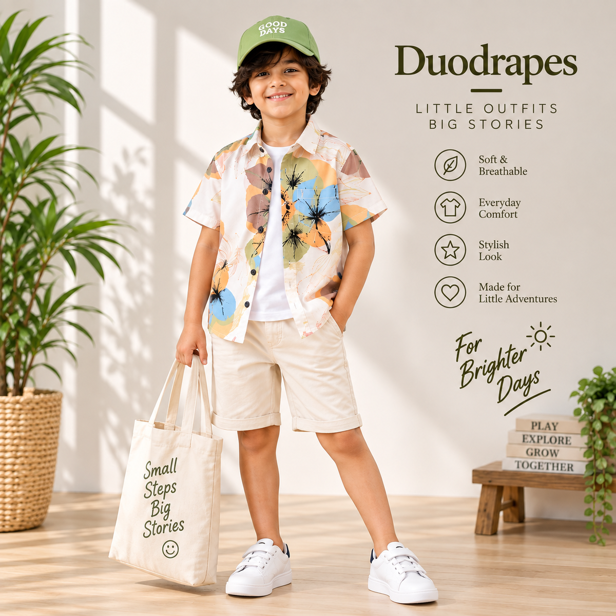 Boys White Multicolor Floral Print Half Sleeve Shirt