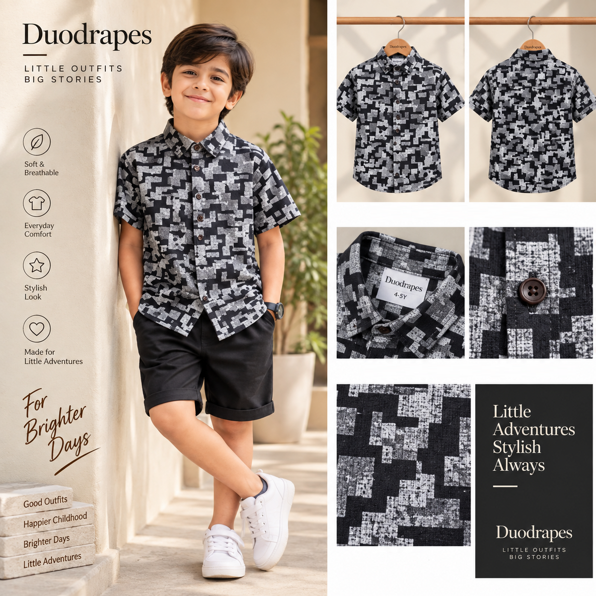 Boys Black Grey Geometric Print Half Sleeve Shirt