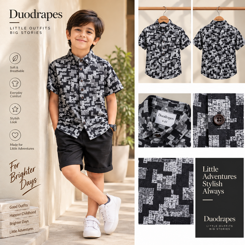Boys Black Grey Geometric Print Half Sleeve Shirt