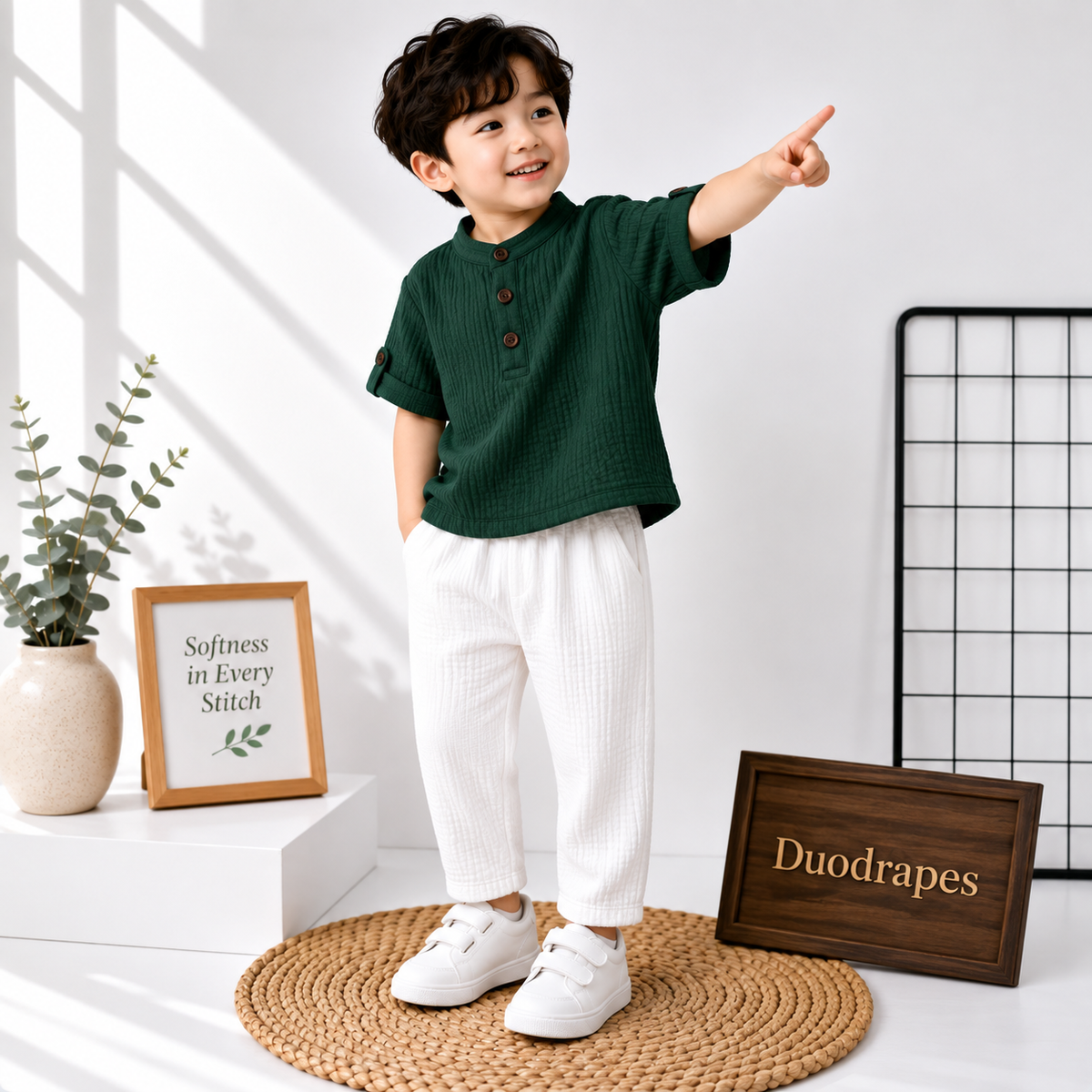 DuoDrapes Green Kurta & White Pant Set for Boys (1 Month–7 Years)