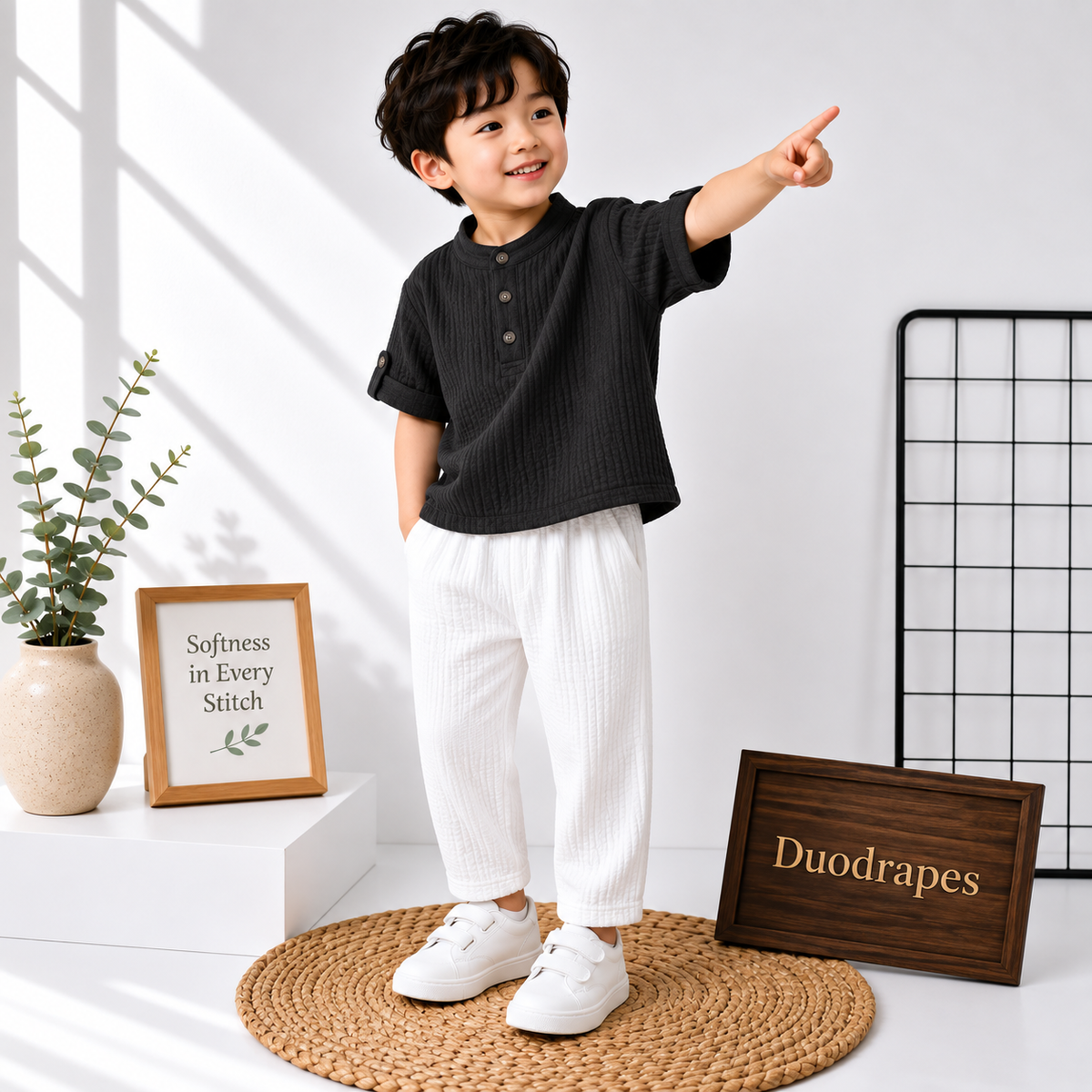 DuoDrapes Black Kurta & White Pant Set for Boys (1 Month–7 Years)