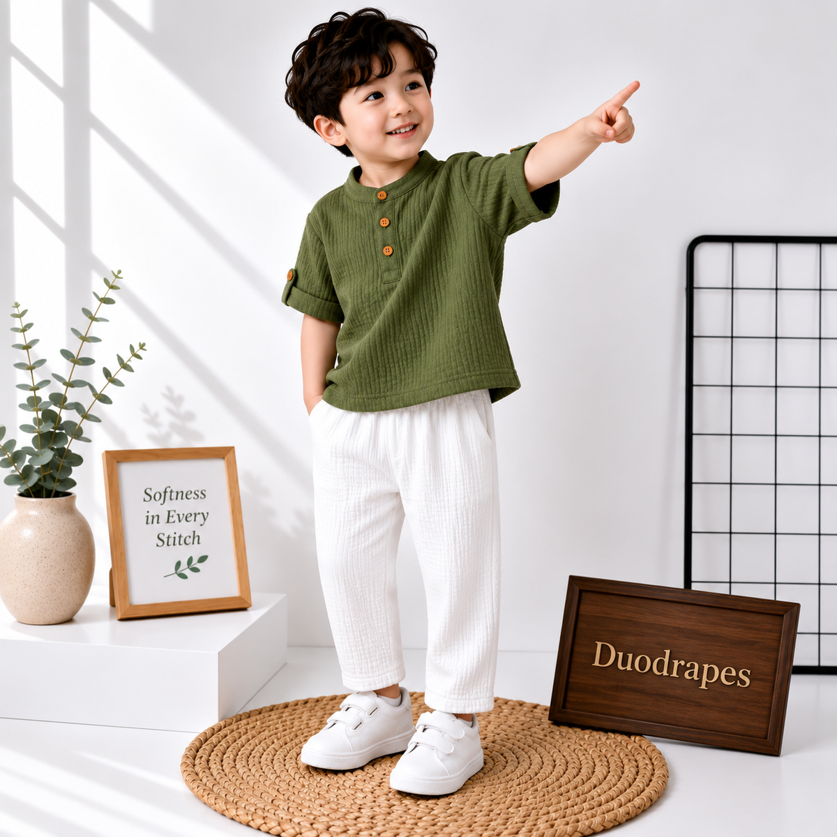 DuoDrapes Avocado Green Kurta & White Pant Set for Boys (1 Month–7 Years)