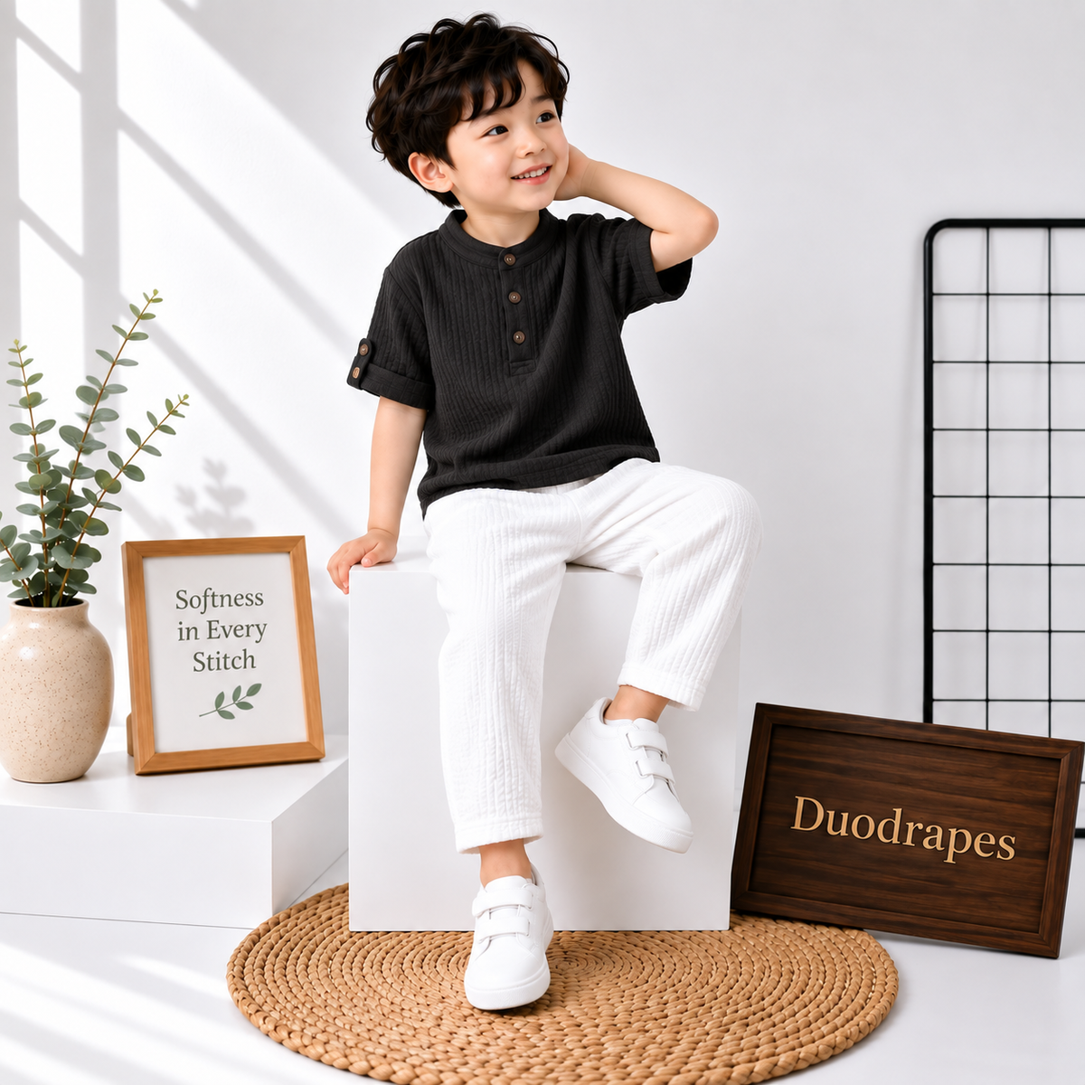 DuoDrapes Black Kurta & White Pant Set for Boys (1 Month–7 Years)