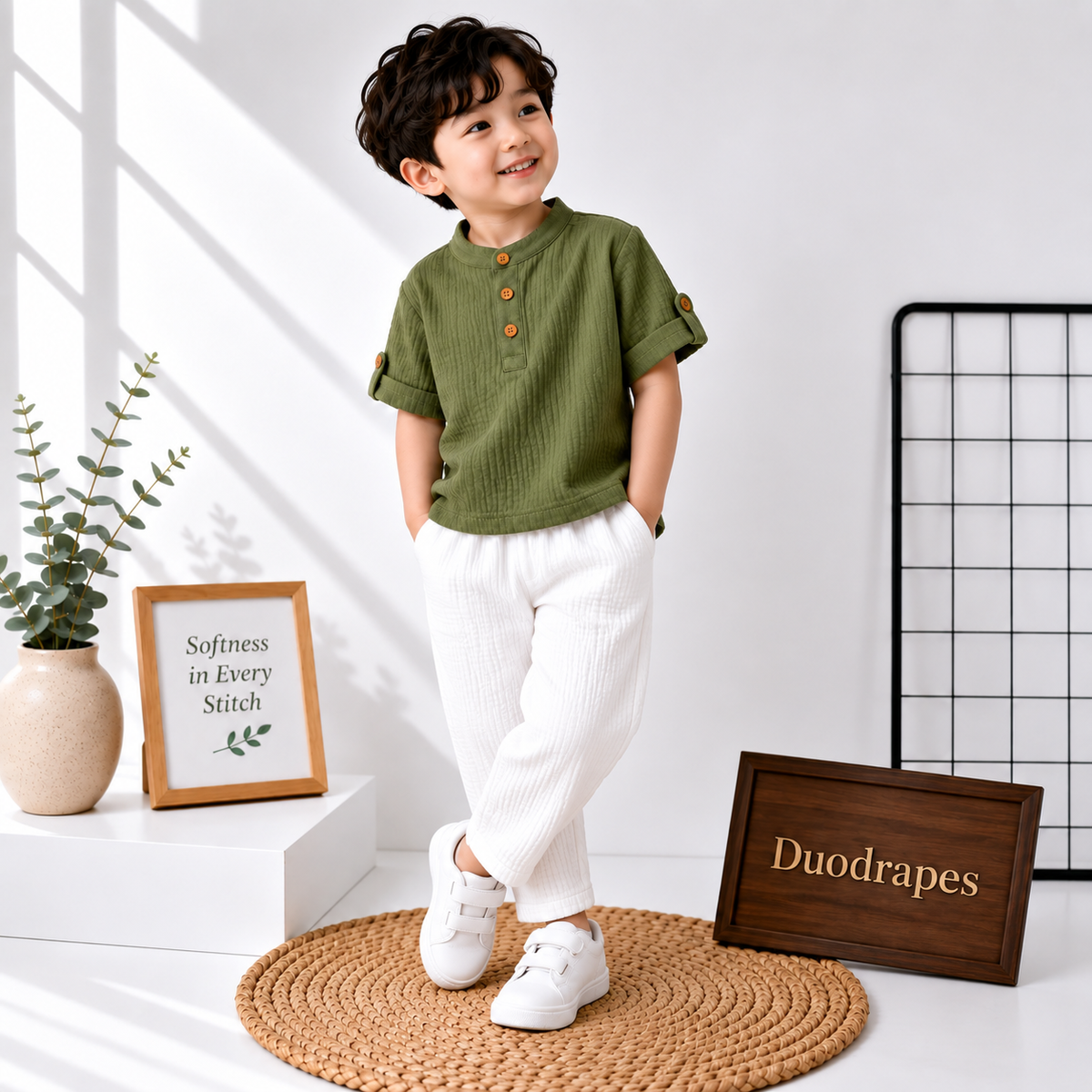 DuoDrapes Avocado Green Kurta & White Pant Set for Boys (1 Month–7 Years)