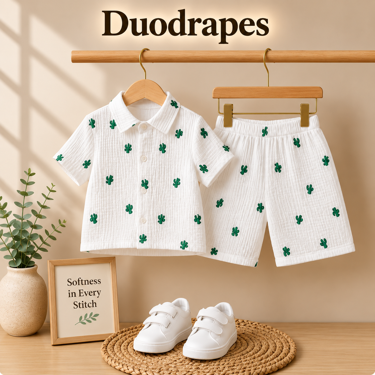 Green Cactus Muslin Co-Ord Set for Kids | Shirt & Shorts Outfit (1 Month – 7 Years)