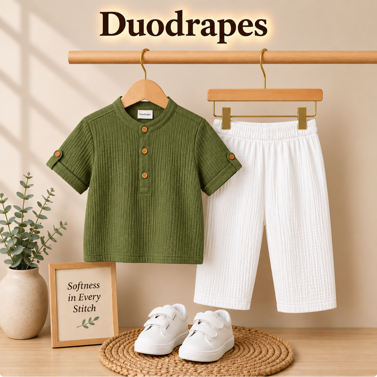 DuoDrapes Avocado Green Kurta & White Pant Set for Boys (1 Month–7 Years)