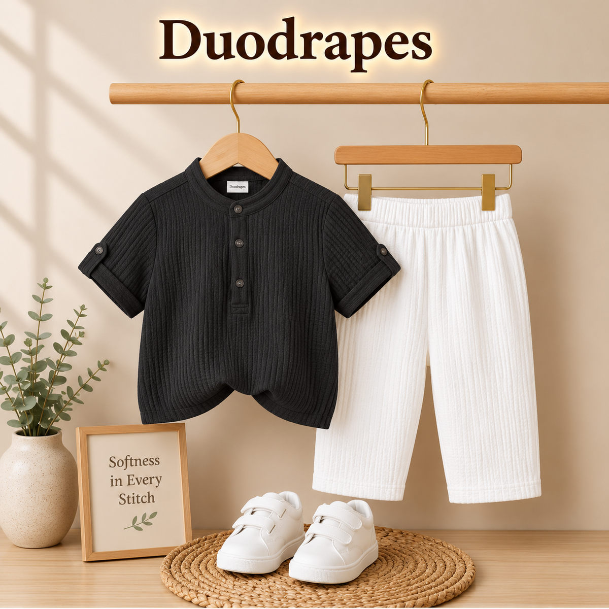 DuoDrapes Black Kurta & White Pant Set for Boys (1 Month–7 Years)