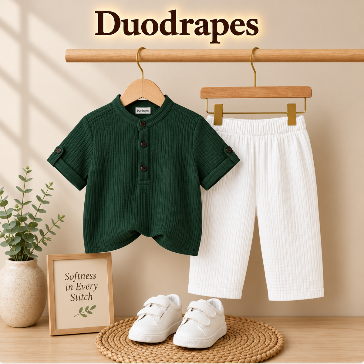 DuoDrapes Green Kurta & White Pant Set for Boys (1 Month–7 Years)