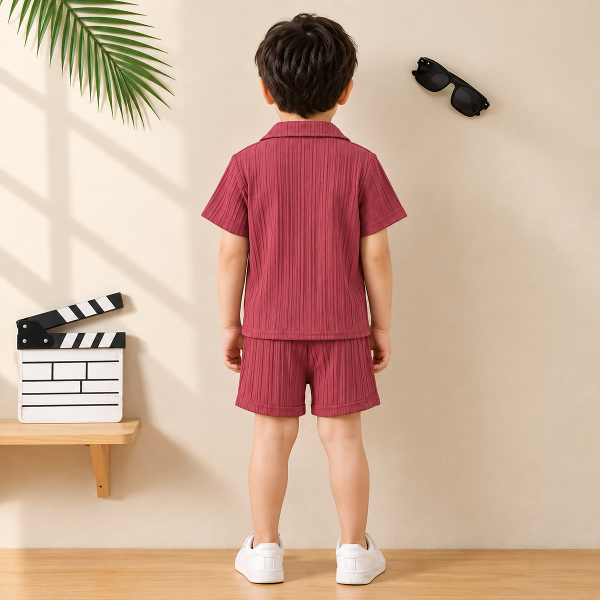 DuoDrapes Dusty Rose Red Ribbed Co-Ord Set for Boys | Premium Shirt, Inner Tee & Shorts Set (1 Month–7 Years)