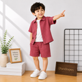 DuoDrapes Dusty Rose Red Ribbed Co-Ord Set for Boys | Premium Shirt, Inner Tee & Shorts Set (1 Month–7 Years)