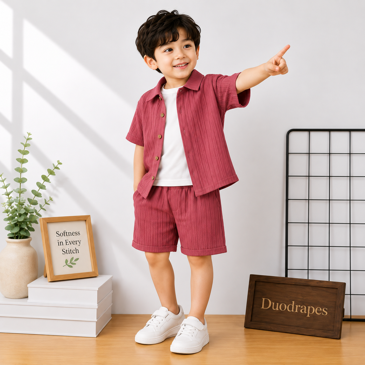 DuoDrapes Dusty Rose Red Ribbed Co-Ord Set for Boys | Premium Shirt, Inner Tee & Shorts Set (1 Month–7 Years)