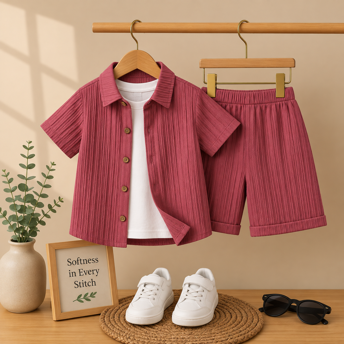 DuoDrapes Dusty Rose Red Ribbed Co-Ord Set for Boys | Premium Shirt, Inner Tee & Shorts Set (1 Month–7 Years)