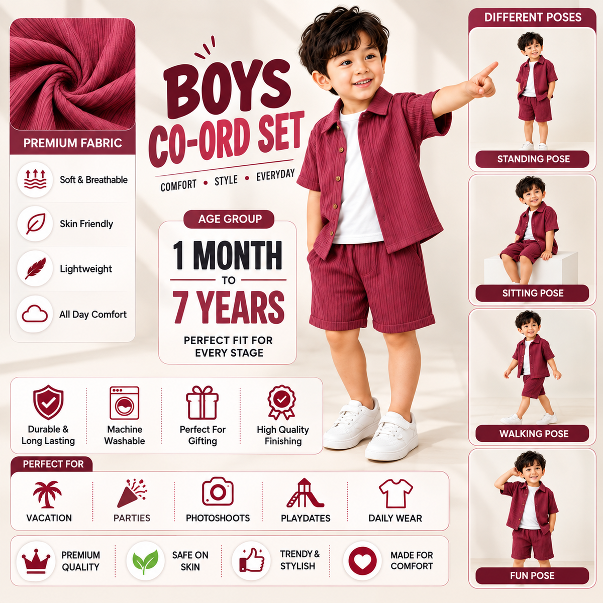 DuoDrapes Dusty Rose Red Ribbed Co-Ord Set for Boys | Premium Shirt, Inner Tee & Shorts Set (1 Month–7 Years)