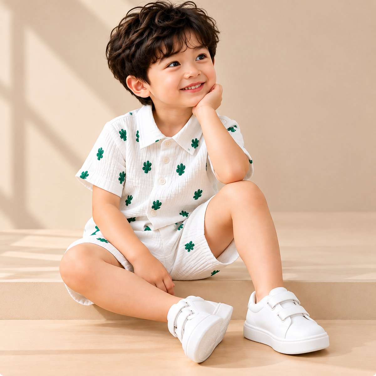 Green Cactus Muslin Co-Ord Set for Kids | Shirt & Shorts Outfit (1 Month – 7 Years)
