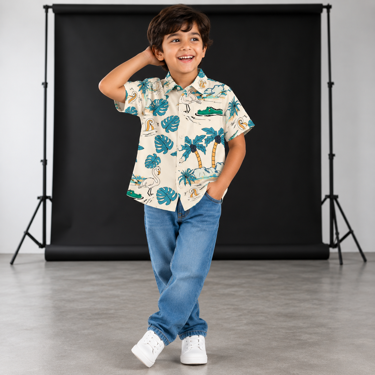 Boys Printed Half Sleeve Shirt – Tropical Palm & Animal Print Casual Shirt