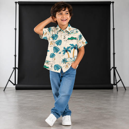 Boys Printed Half Sleeve Shirt – Tropical Palm & Animal Print Casual Shirt