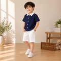 Navy Blue White Collar Shirt & White Shorts Set for Boys