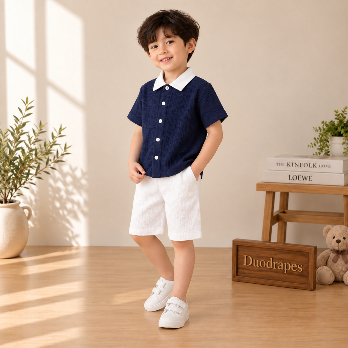 Navy Blue White Collar Shirt & White Shorts Set for Boys