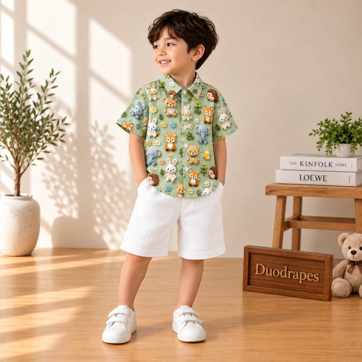 Cute Animal Print Shirt & White Shorts Set for Boys