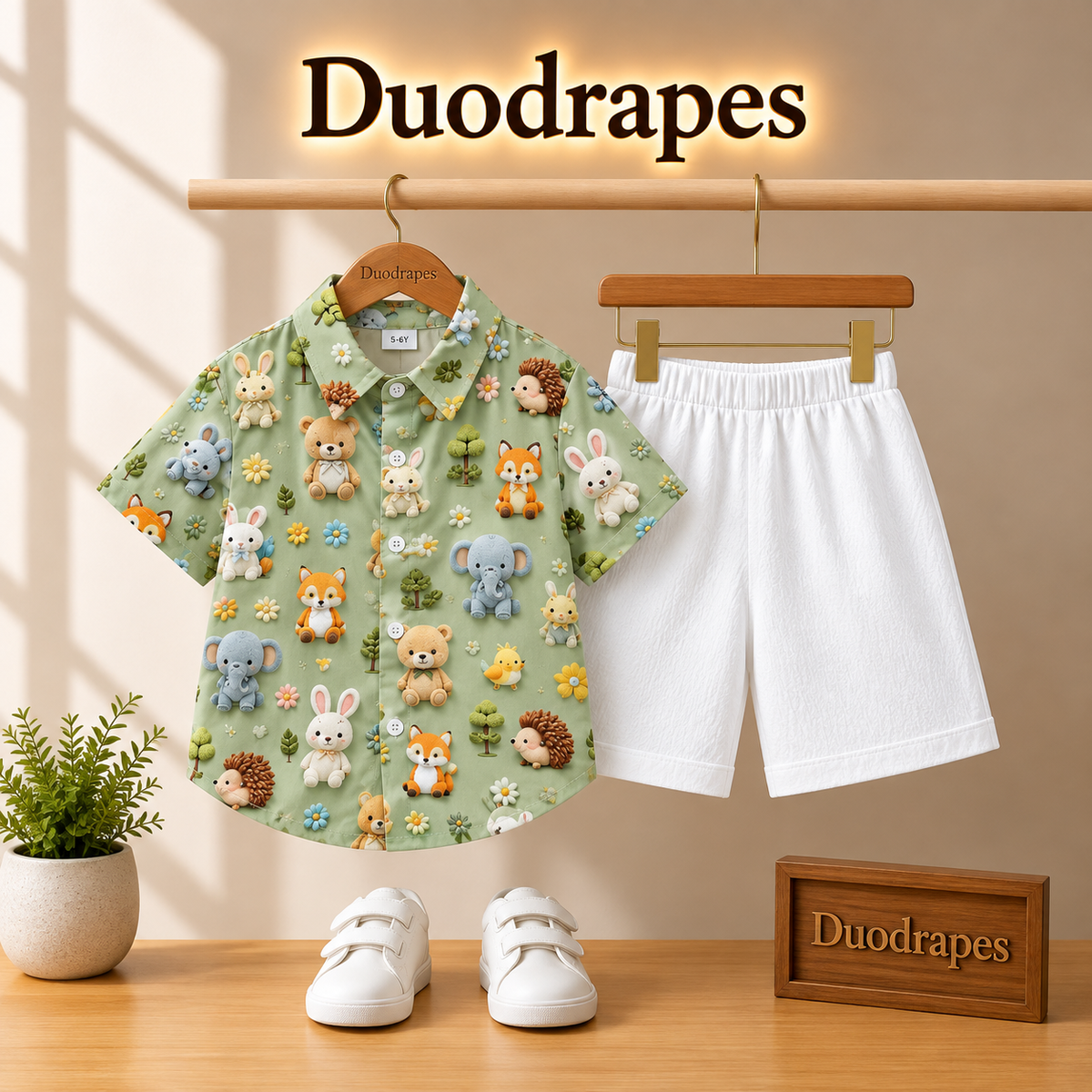 Cute Animal Print Shirt & White Shorts Set for Boys