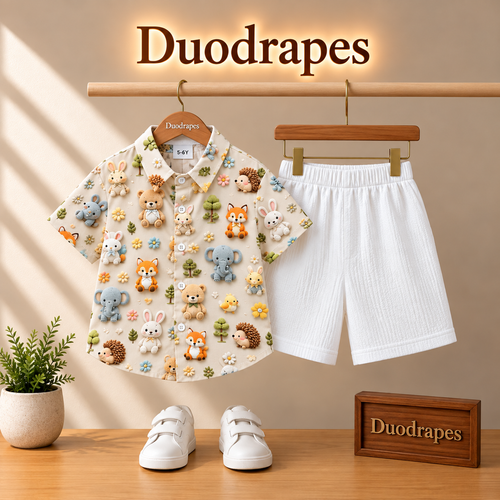 Adorable Animal Print Shirt & White Shorts Set for Boys