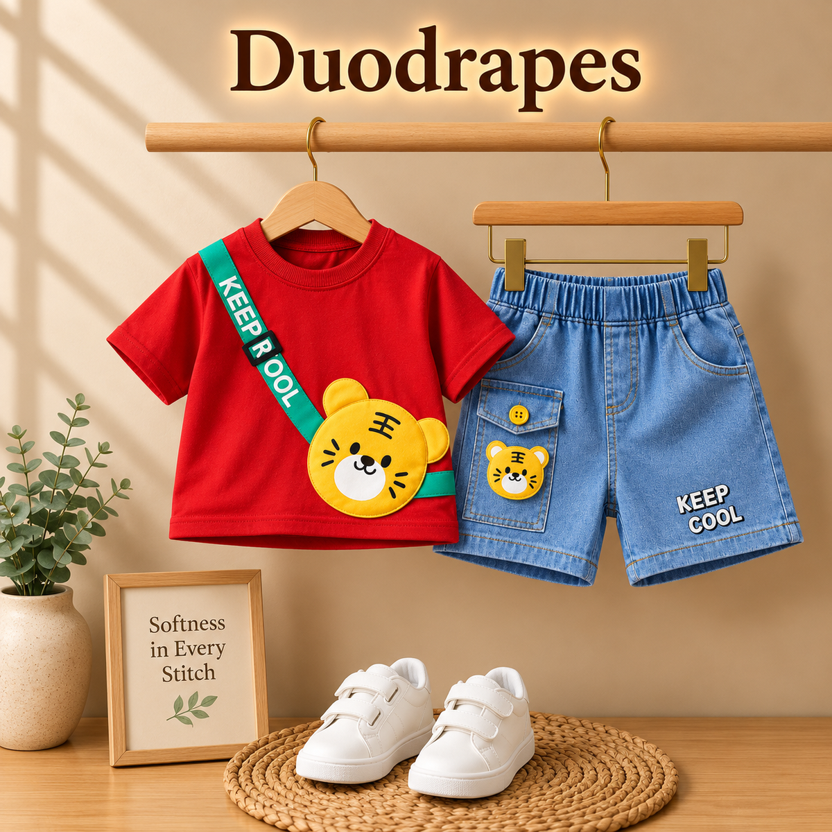 DuoDrapes Red Keep Cool T-Shirt & Blue Denim Shorts Set for Boys