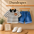DuoDrapes Black & White Striped Polo T-Shirt with Denim Shorts Set for Boys