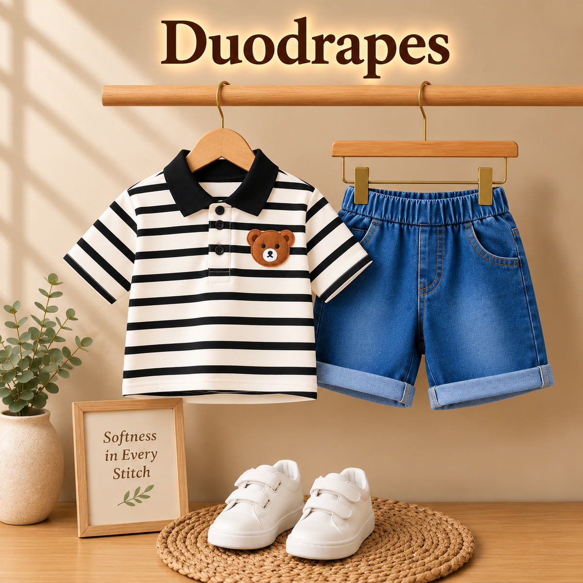 DuoDrapes Black & White Striped Polo T-Shirt with Denim Shorts Set for Boys