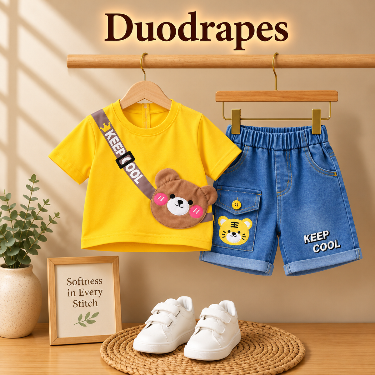 DuoDrapes Yellow Keep Cool T-Shirt & Blue Denim Shorts Set for Boys