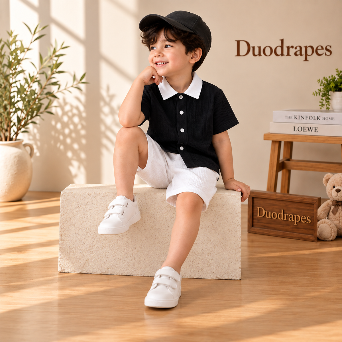 Classic Black White Collar Shirt & Shorts Set for Boys