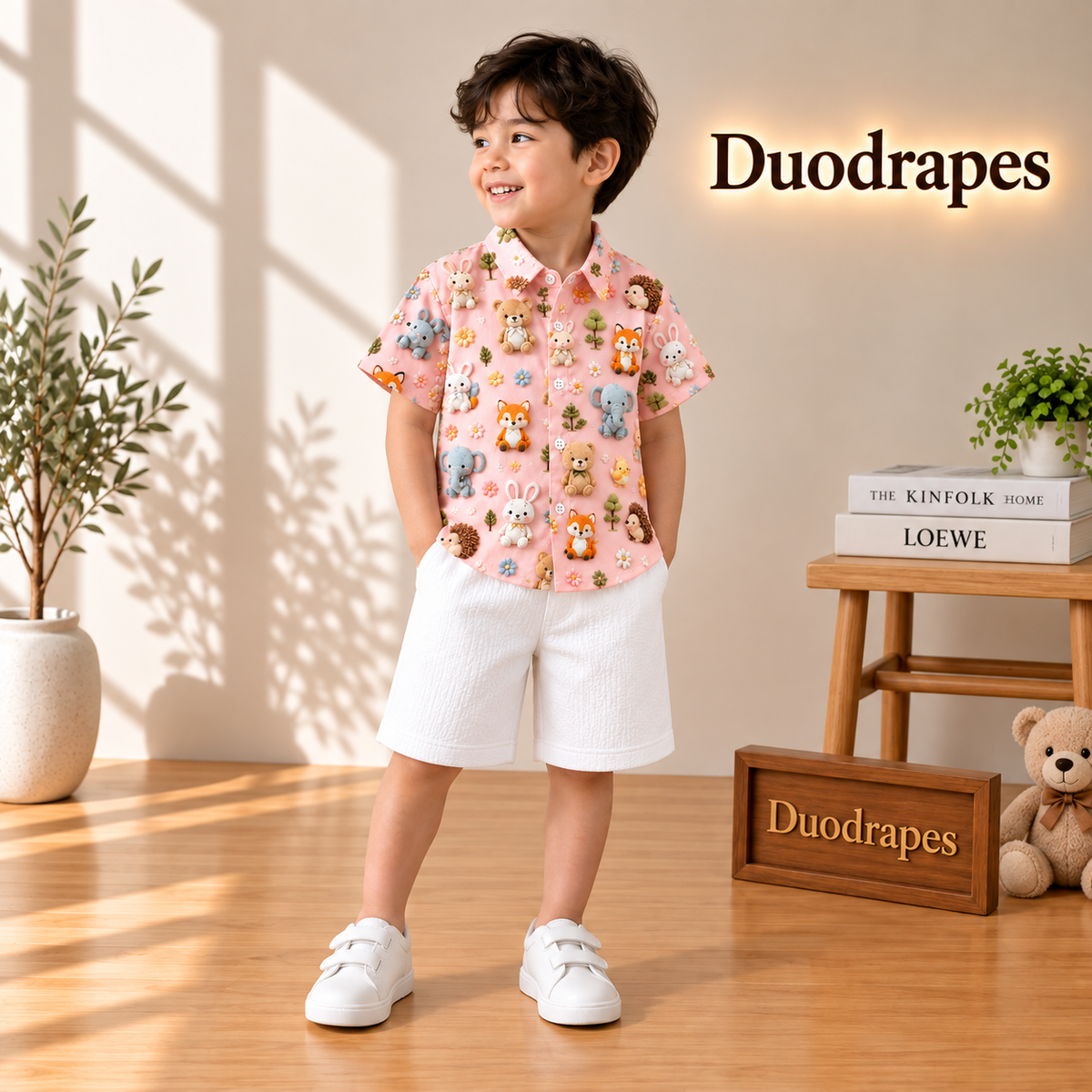 Cute Animal Print Shirt & White Shorts Set for Boys