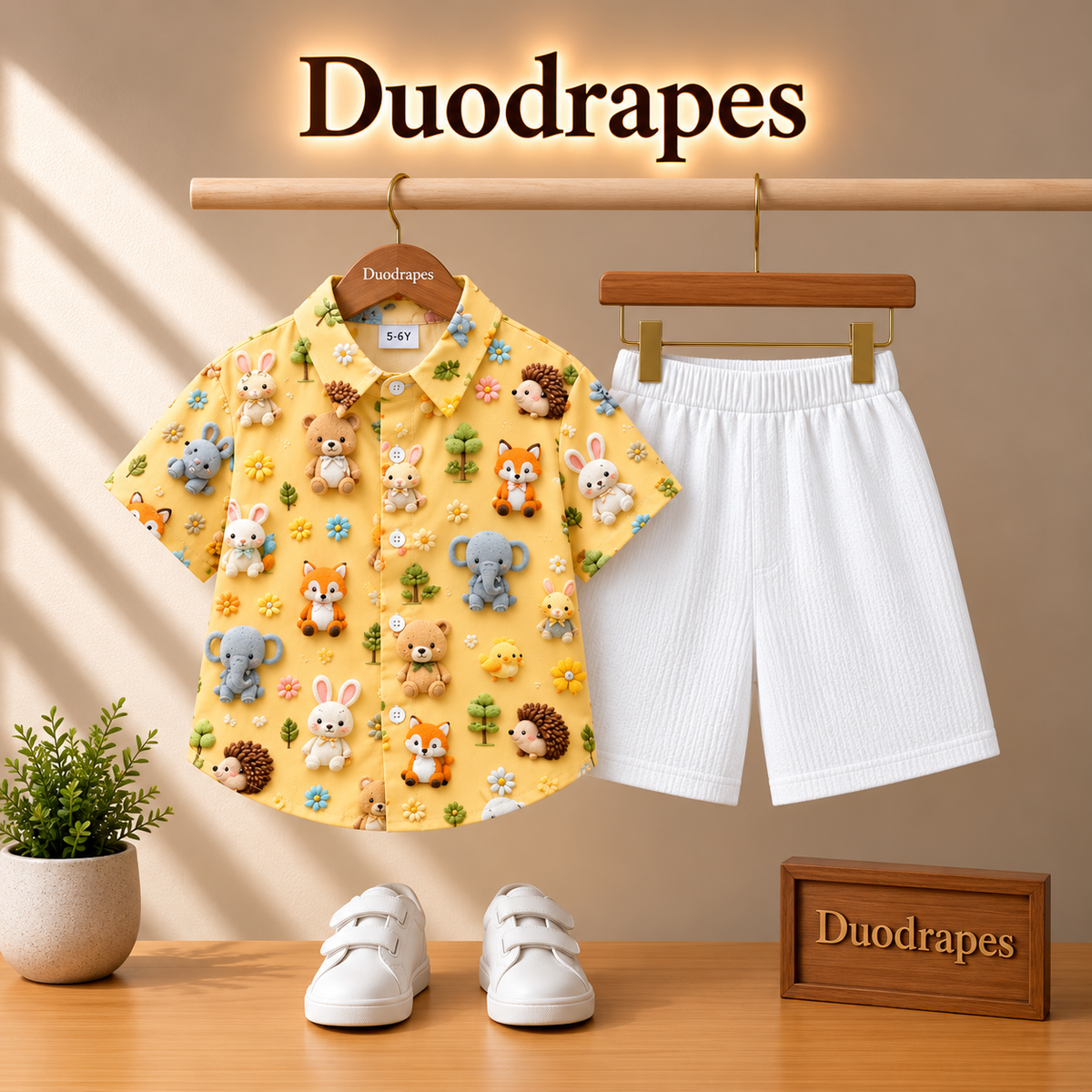 Cute Animal Print Shirt & White Shorts Set for Boys