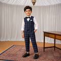 DuoDrapes Boys Navy Blue Checked Waistcoat Set with Shirt, Trousers & Bow Tie