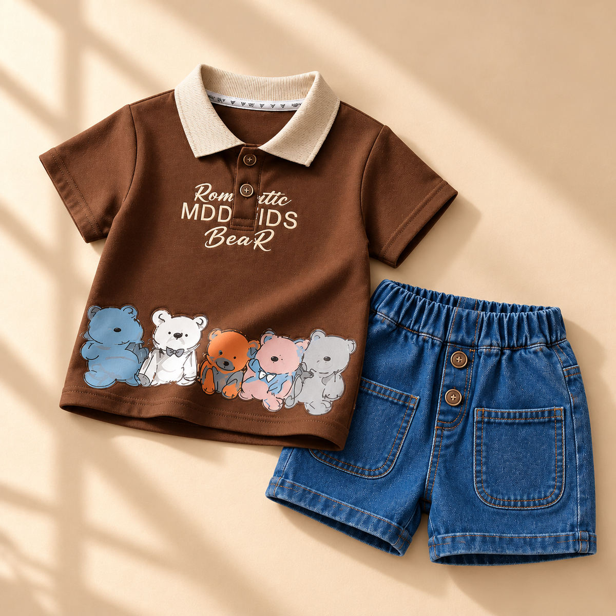 DuoDrapes Brown Teddy Bear Polo T-Shirt with Blue Denim Shorts Set for Boys